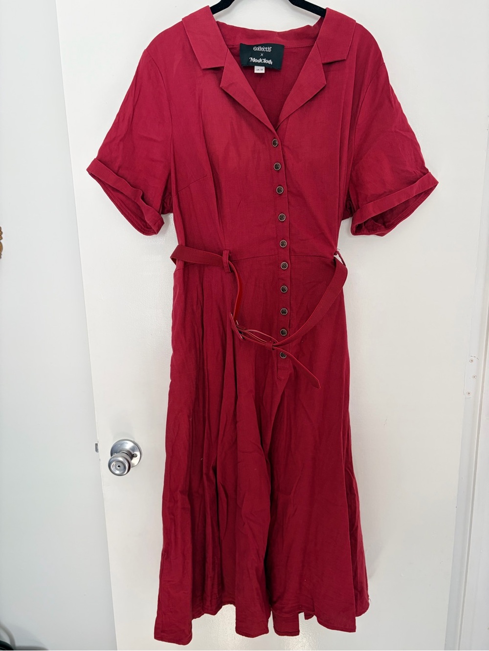 Collectif x ModCloth Red Button Front Midi Shirt Dress Belt UK 18 US 14